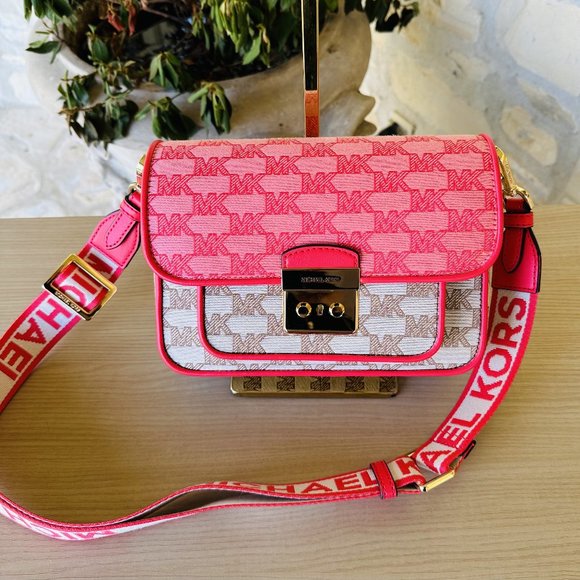 Michael Kors Sloan Editor Medium Logo Jacquard Messenger Bag Grapefruit Multi - Picture 1 of 9